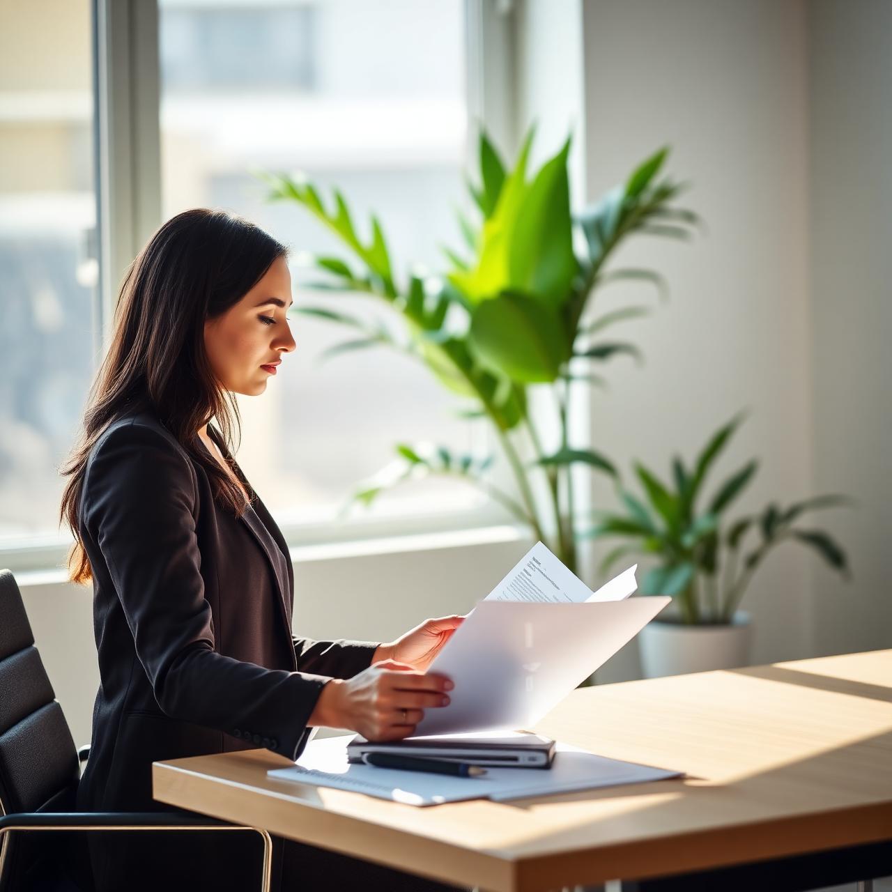 Consultora analisando documentos financeiros